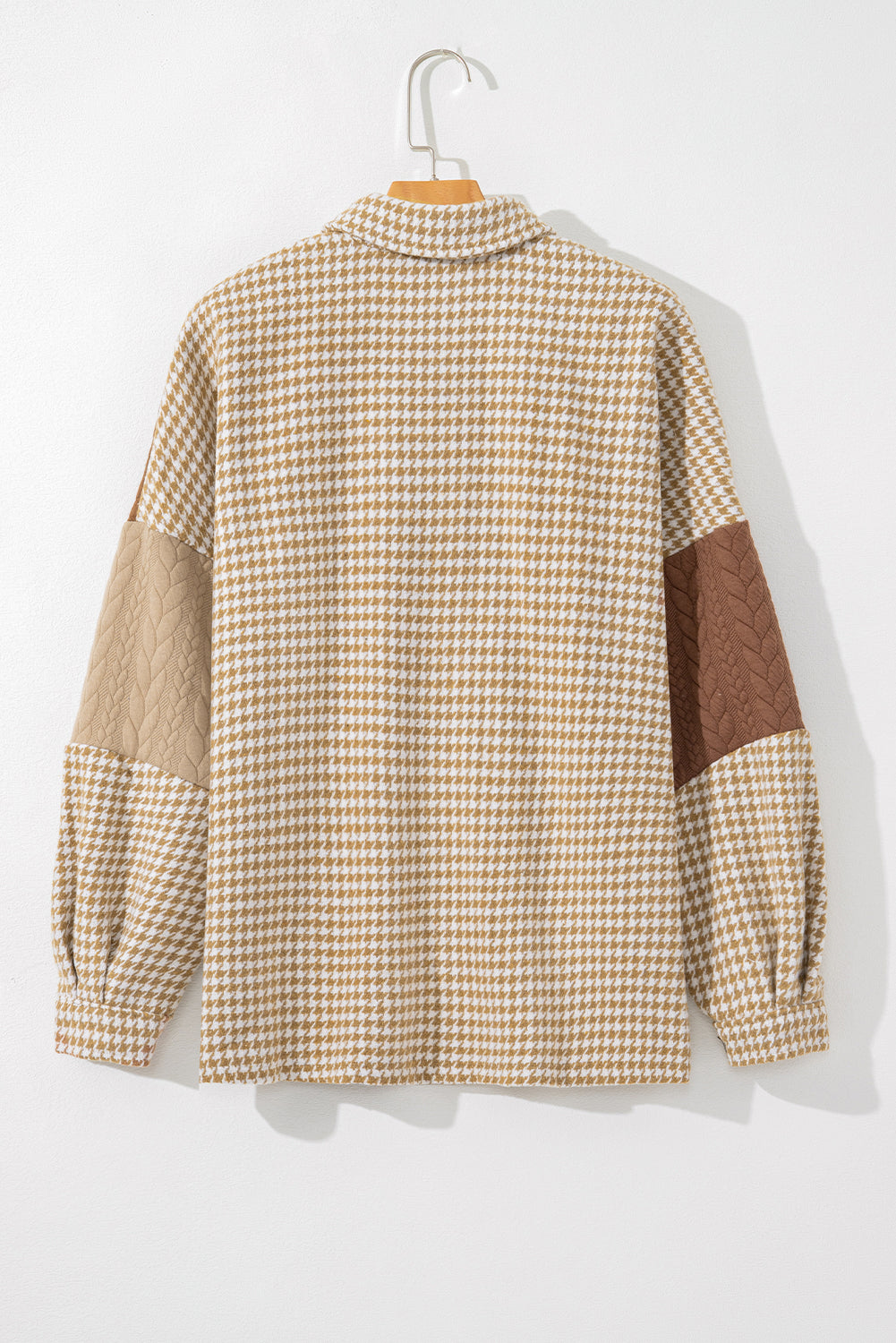Khaki Houndstooth Textured Patchwork Loose Shacket