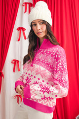 Rose Red Christmas Snowflake Quarter Zip Collard Sweater