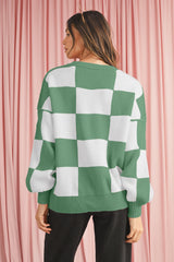 Green Checkered Bishop Sleeve Pullover Sweater