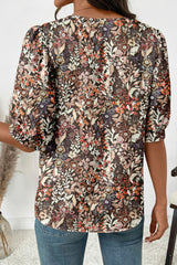 Brown Floral Print Half Button Puff Sleeve Blouse