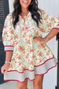 Apricot Striped Edge 3/4 Puff Sleeve Floral Dress