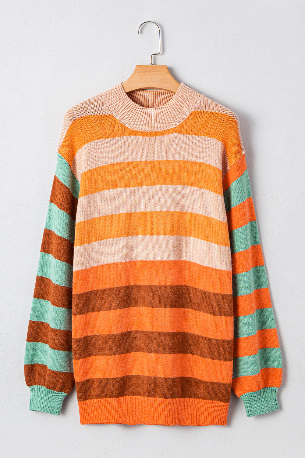 Orange Striped Colorblock High Neck Drop Shoulder Cozy Sweater