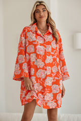Red Floral Print Lapel Collar Loose Shirt Mini Dress
