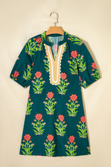 Green Floral Print Contrast Trim Striped Patchwork Short Sleeve Dress