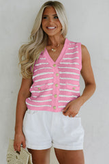 Pink Striped V Neck Button Knit Vest