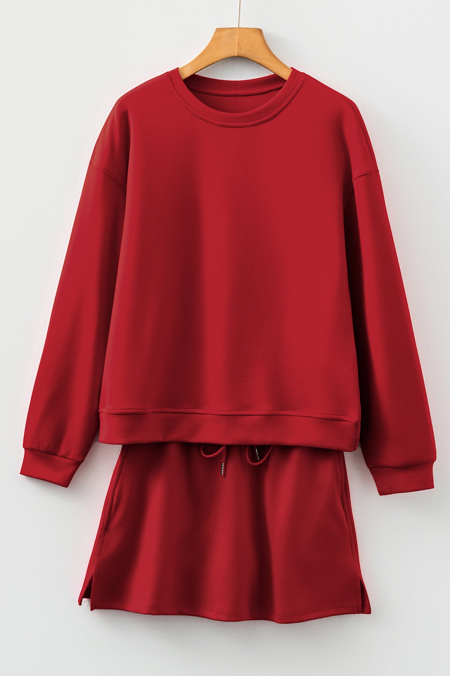 Racing Red Solid Color Drop Shoulder Pullover Drawstring Mini Skirt Set