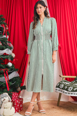 Green Striped V Neck Zip Front Cinched High Waist Midi Dress