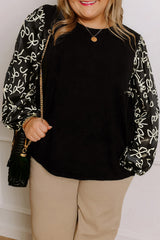 Black Bow Print Sleeve Patchwork Plus Size Blouse