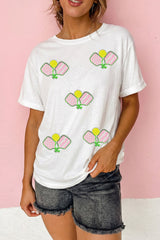White Sequin Pickleball Graphic Summer Athleisure Tee