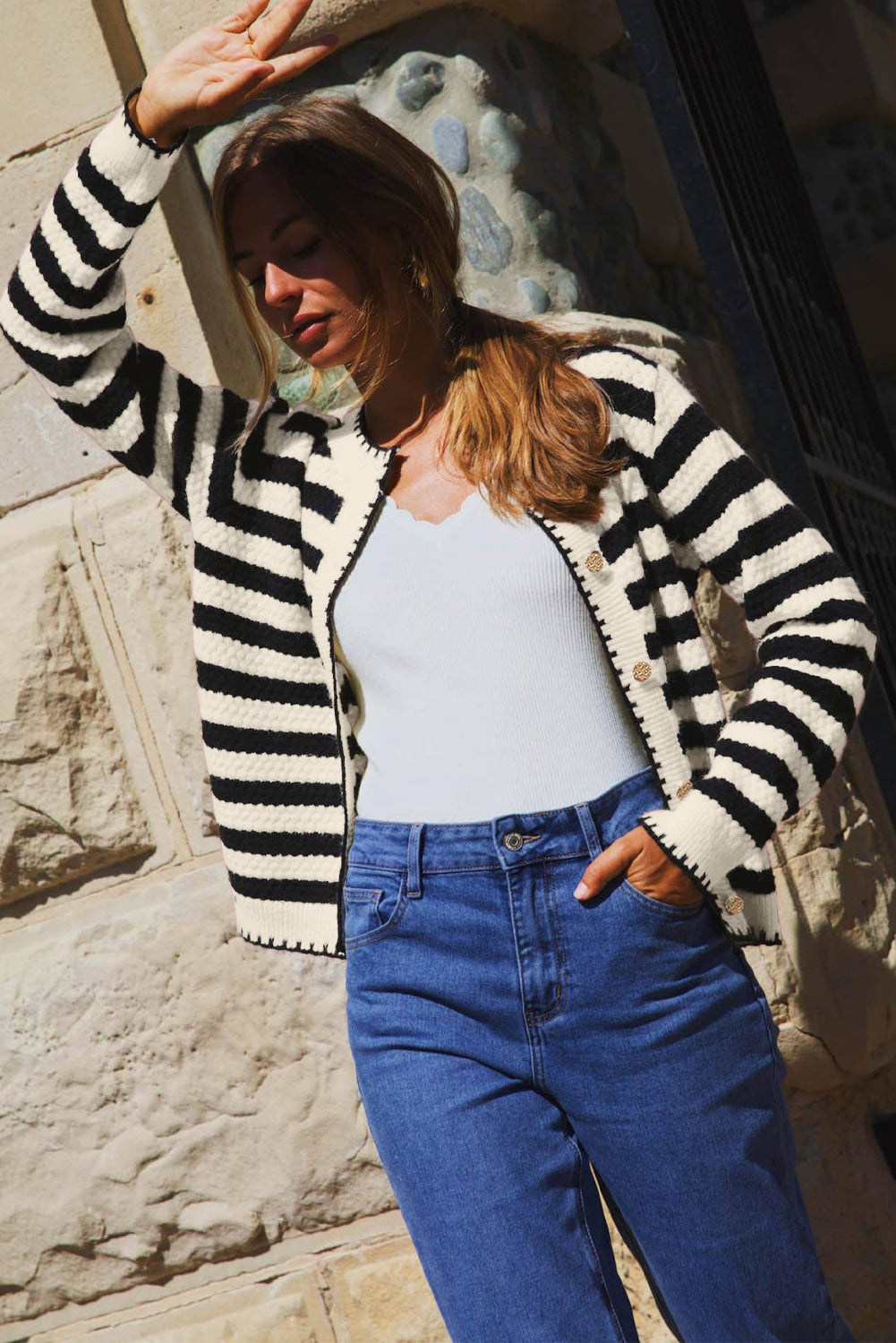 Black Striped Chic Button Round Neck Knit Cardigan