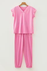 Bonbon Solid Color V Neck Tee Drawstring Pant Set