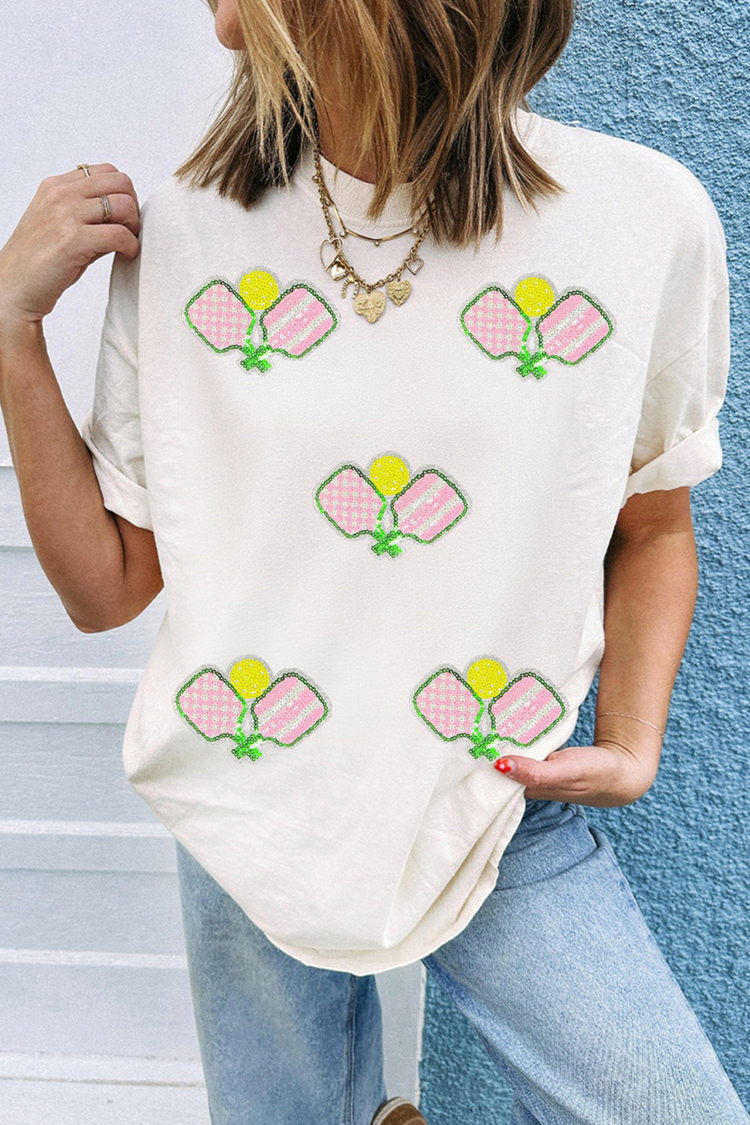 White Sequin Pickleball Graphic Summer Athleisure Tee
