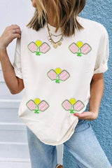 White Sequin Pickleball Graphic Summer Athleisure Tee