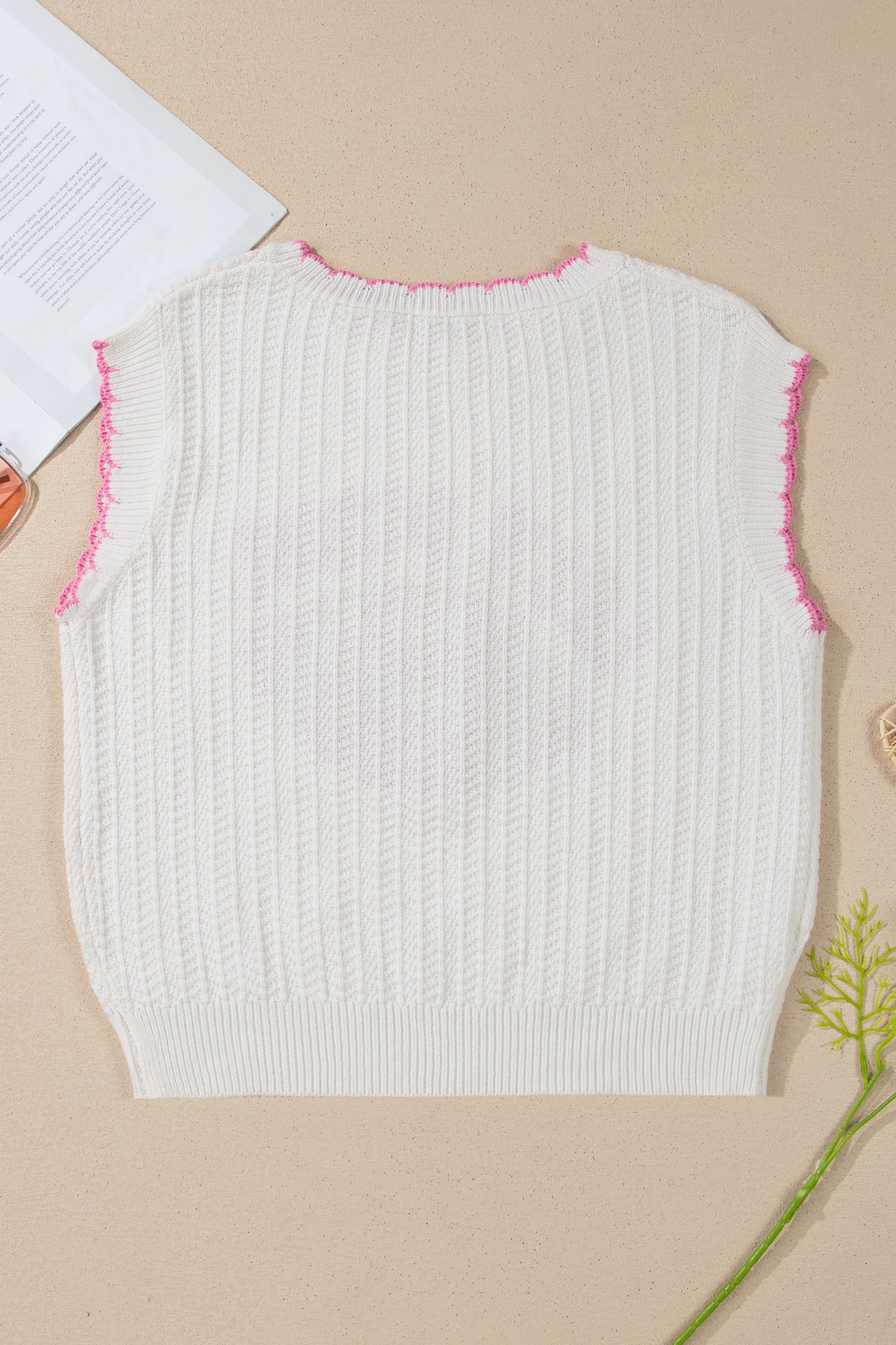 White Sleeveless Round Neck Embroidery Towel Stitch Casual Shift Sweater Vest