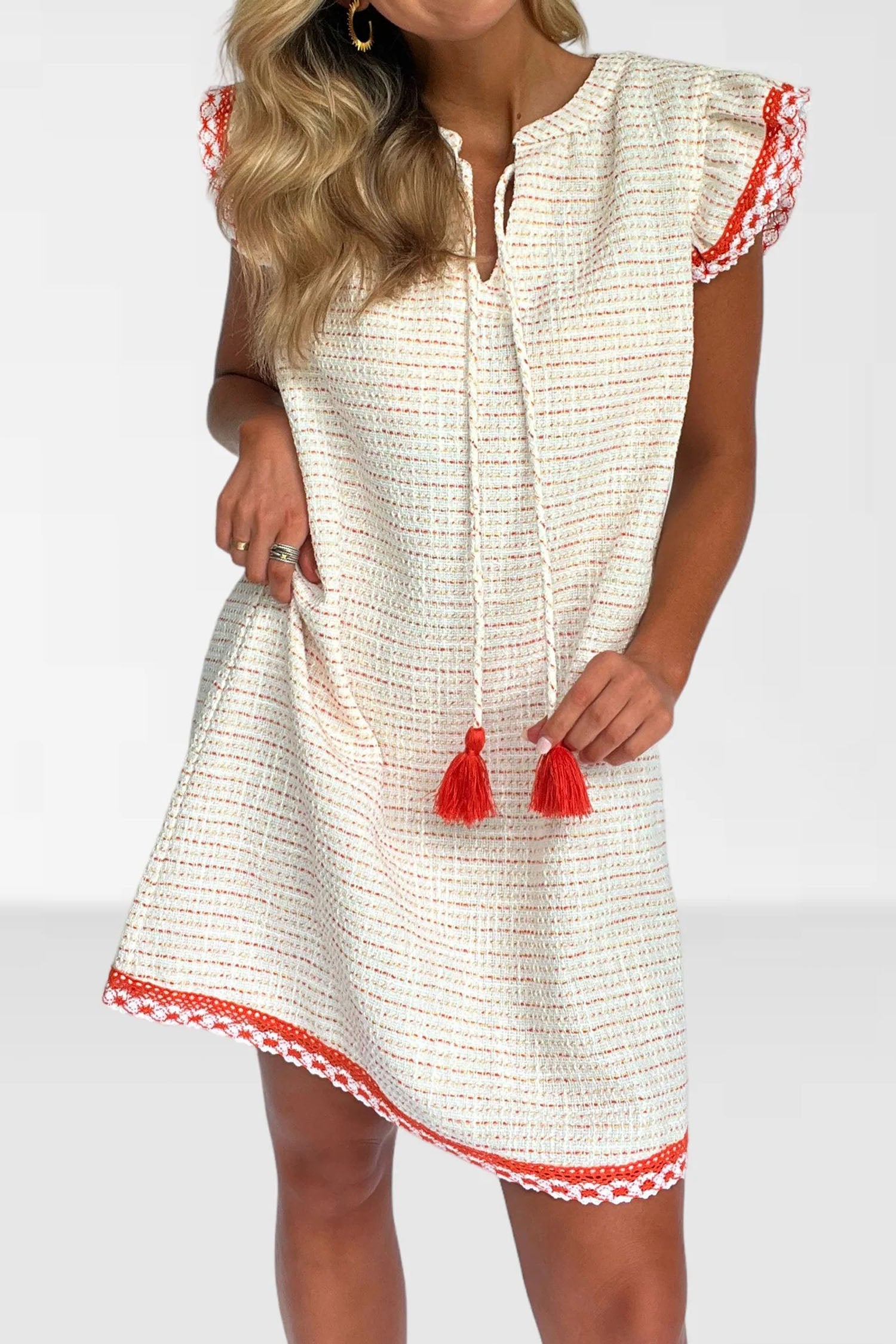 White Jacquard Textured Contrast Trim Short Sleeve Tassel Tie Shift Dress