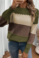 Brown Colorblock Crew Neck Drop Shoulder Sweater