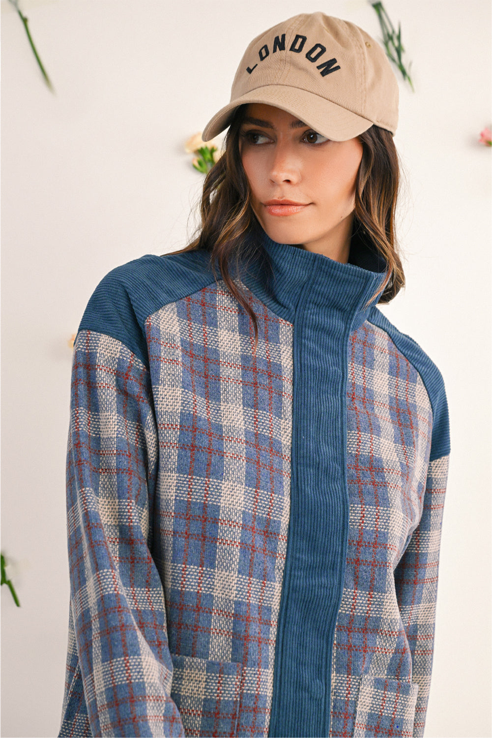 Gray Plaid Corduroy Patchwork Collared Zip Up Snap Button Jacket