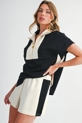 Black Colorblock Zipper Collar T Shirt and Shorts Set