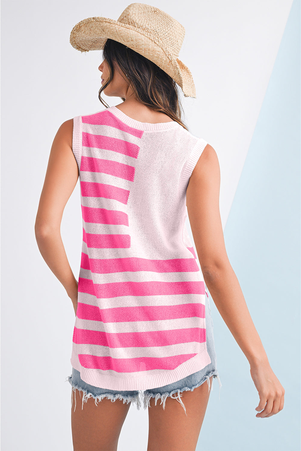 Pink Stripe USA Flag Notched Neckline Loose Knit Vest