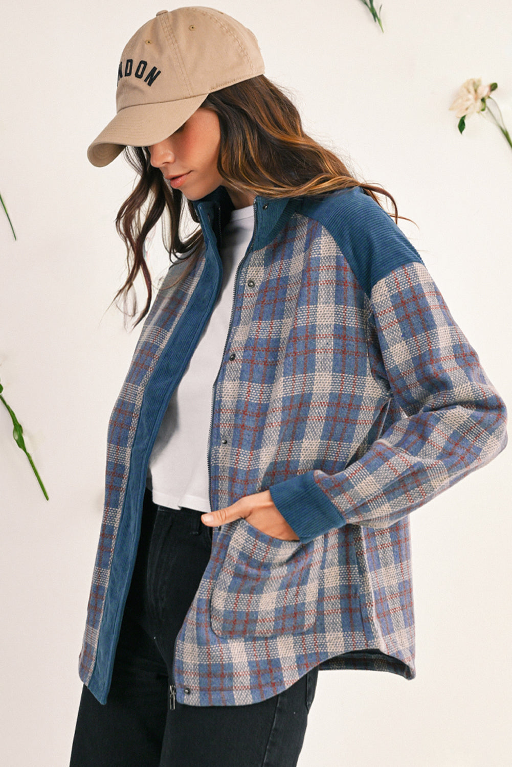 Gray Plaid Corduroy Patchwork Collared Zip Up Snap Button Jacket