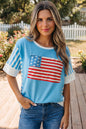 Light Blue Flag Print Patchwork Colorblock July 4th T Shirt