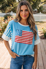 Light Blue Flag Print Patchwork Colorblock July 4th T Shirt