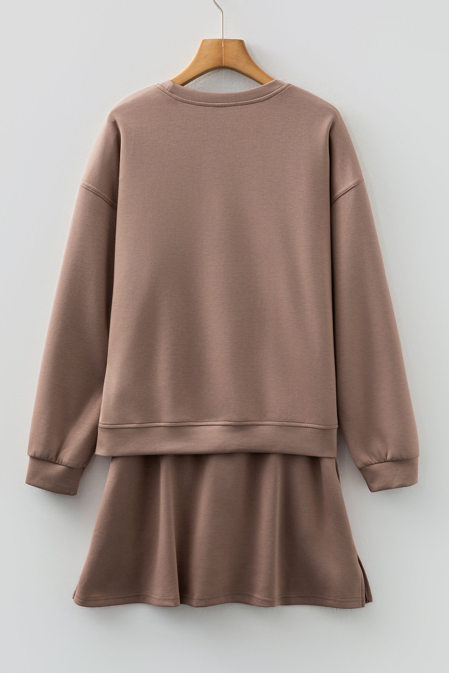 Coffee Solid Color Drop Shoulder Pullover Drawstring Mini Skirt Set