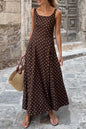 Brown Polka Dot Print Square Neck Sleeveless Vacation Long Dress