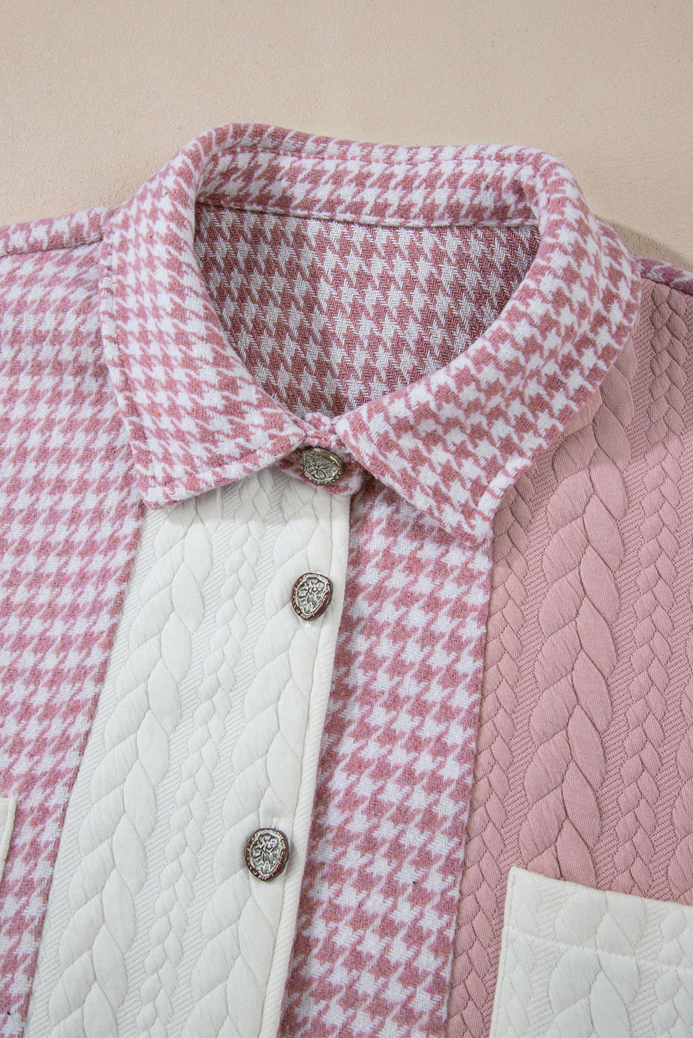 Pink Houndstooth Textured Patchwork Loose Shacket