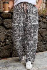Khaki Plus Size Leopard Print Raw Edge Patch Pocket Drawstring Loose Pants