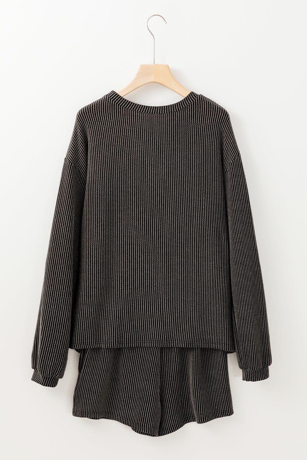 Carbon Grey Corded Long Sleeve Top and High Waist Shorts Set