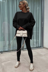 Black Solid Color Oversize Slit Sweatshirt Ribbed Leggings 2pcs Set