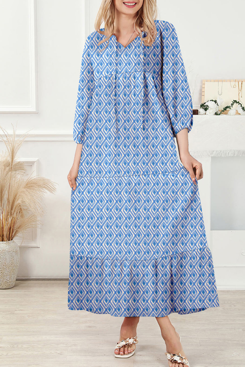 Blue Boho Printed Half Sleeve Maxi Dress