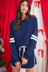 Navy Blue Varsity Stripe Detail Drop Shoulder Pullover Mini Skort Set