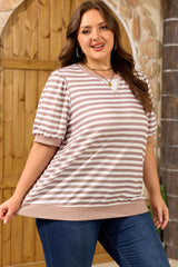 Orange Stripe Ribbed Trim Round Neck Short Puff Sleeve Plus T Shirt
