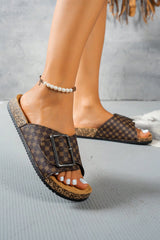 Coffee Retro Geometric Print Buckle Strap Flat Slippers