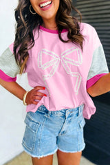 Gossamer Pink Embroidered Bow Detail Color Block Loose Tee
