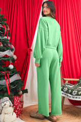 Bright Green Drop Shoulder Crop Pullover Drawstring Wide Leg Pants Set