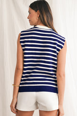 Blue Striped Sweet Bow Pattern Sleeveless Knit Top