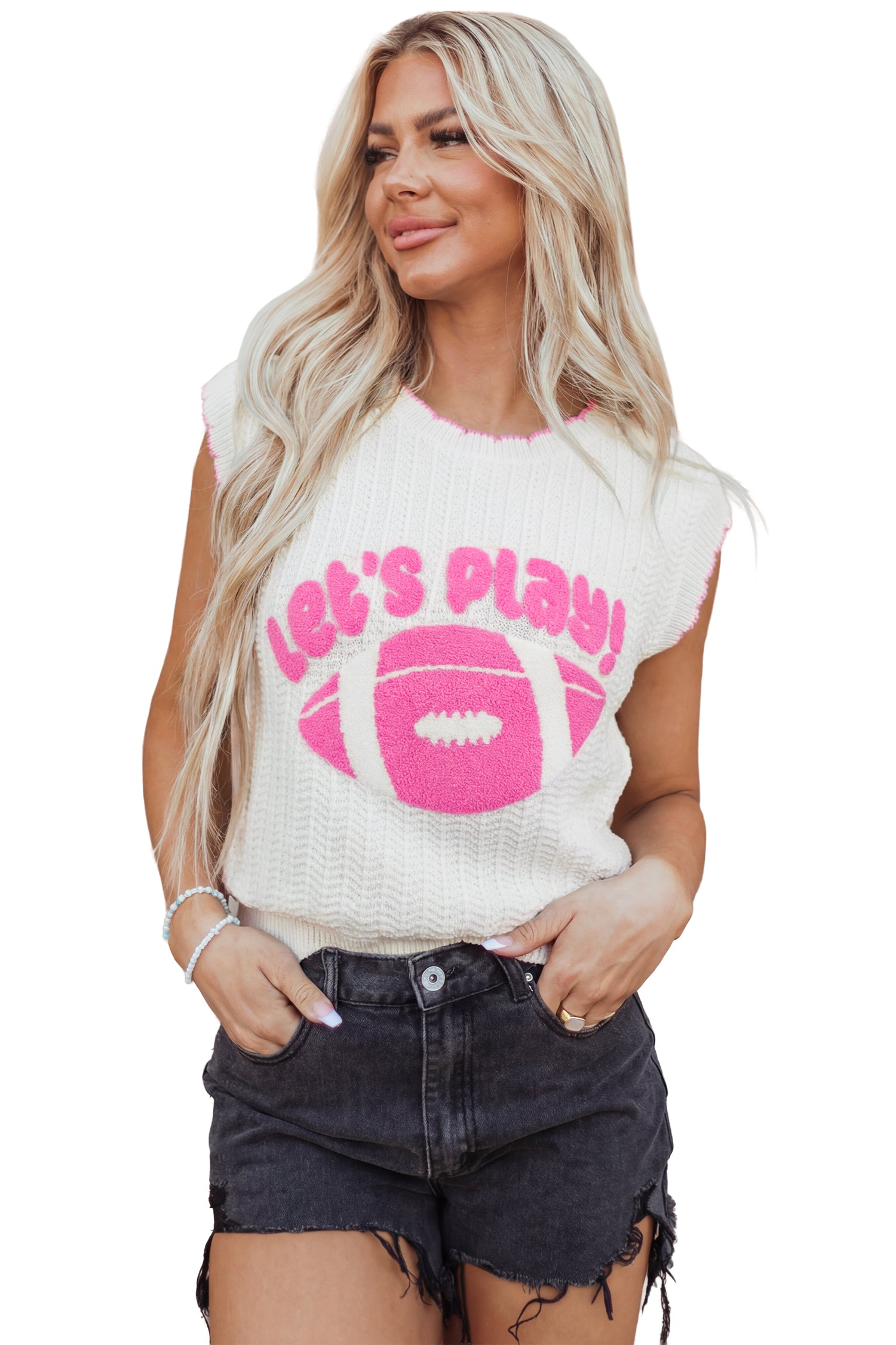 White Sleeveless Round Neck Embroidery Towel Stitch Casual Shift Sweater Vest