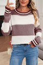 Brown Two Tone Striped Patchwork Drop Shoulder Sweater