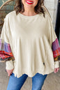 Beige Plus Size Plaid Patchwork Sleeve Pullover Top