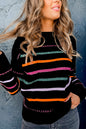 Black Colorful Striped Ribbed Trim Round Neck Sweater