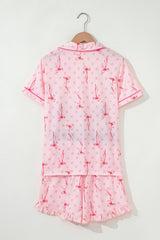 Pink Polka Dot and Bow Print Ruffle Hem Shorts Pajama Set