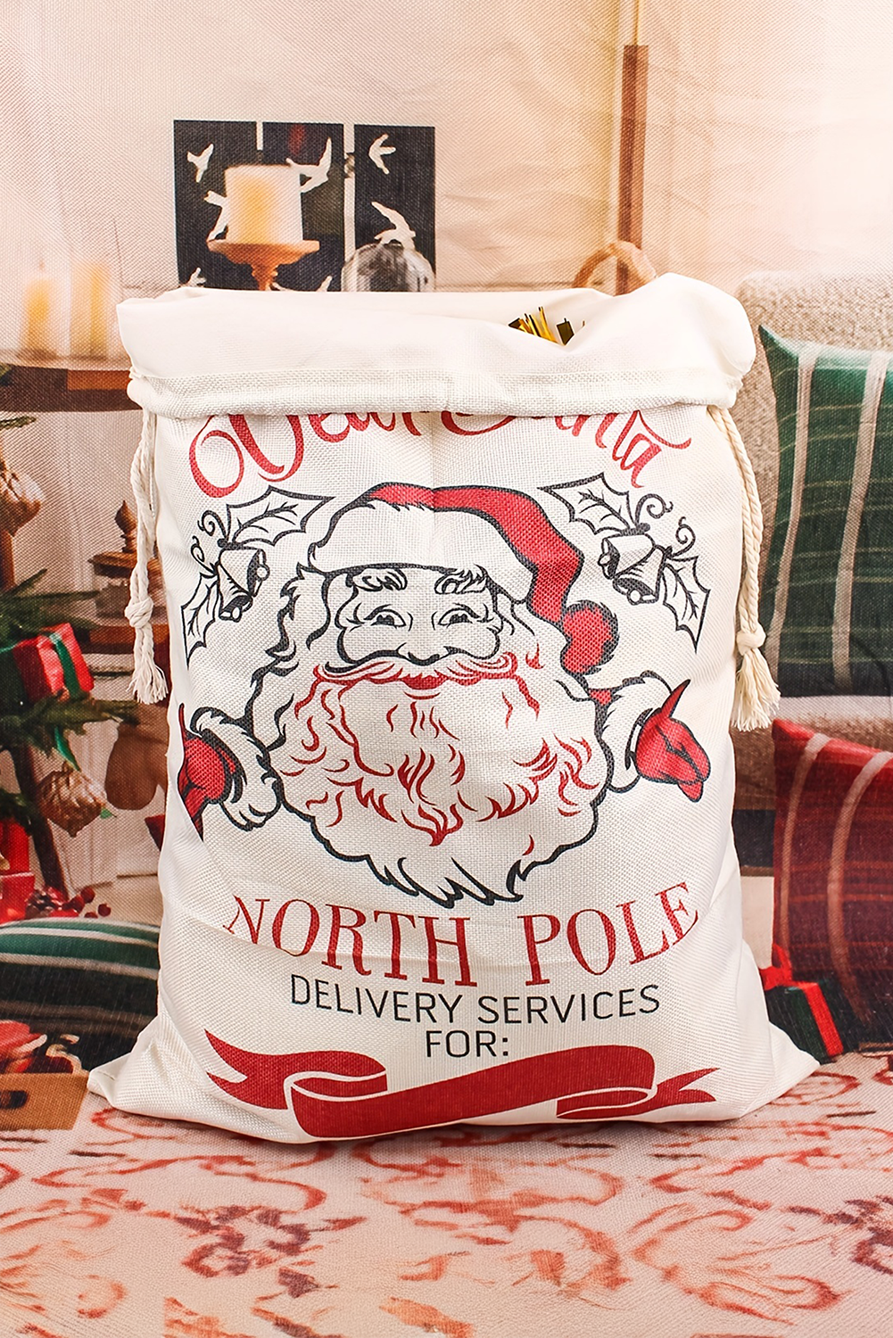 White Santa Claus Drawstring Closure Christmas Party Favor Gift Bag