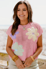 Pink Flower Patch Knit Round Neck Tee