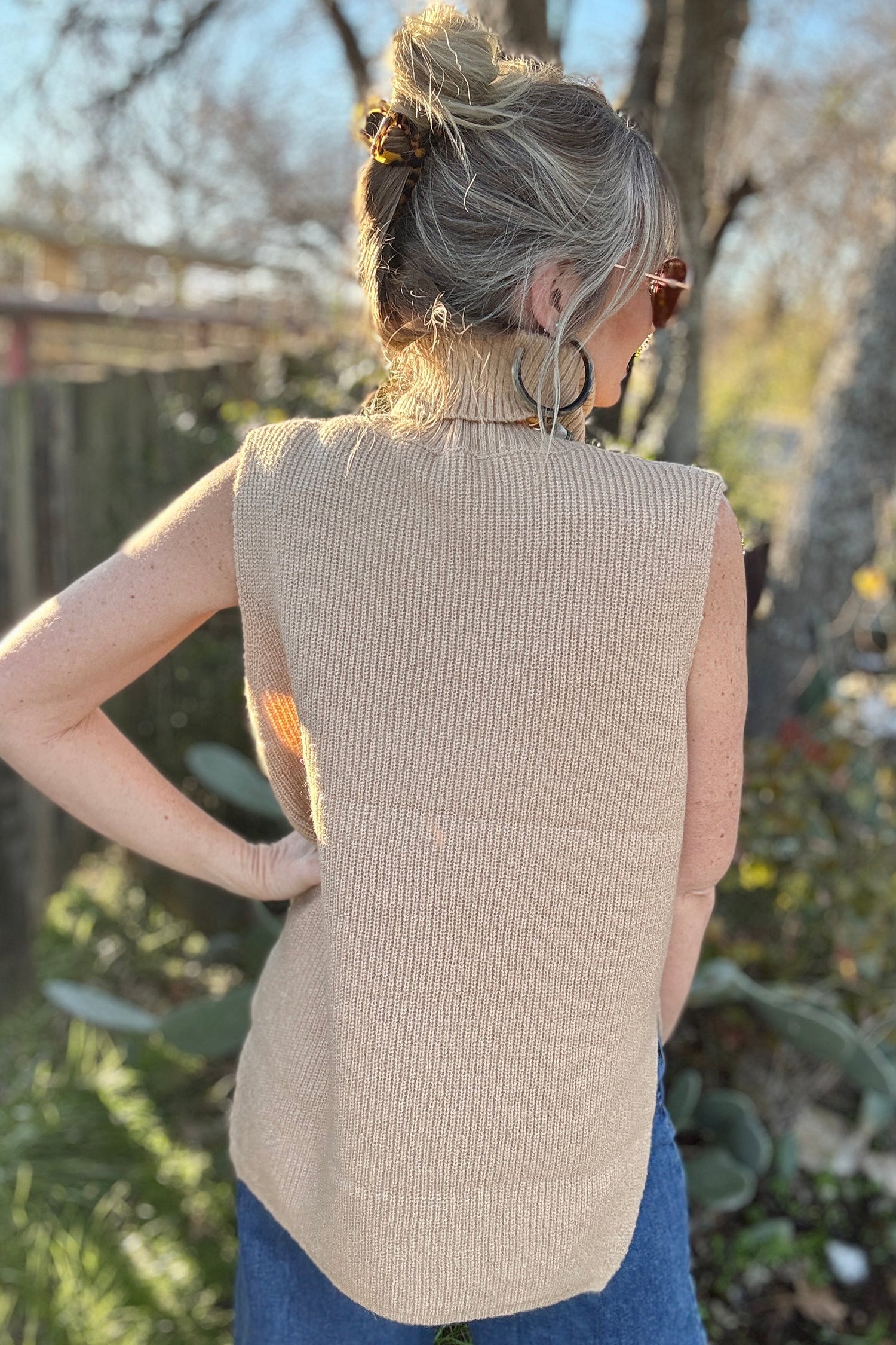 Light French Beige High Neck Sleeveless Knit Vest Regular Wash Hem Slit Casual Sweater Top