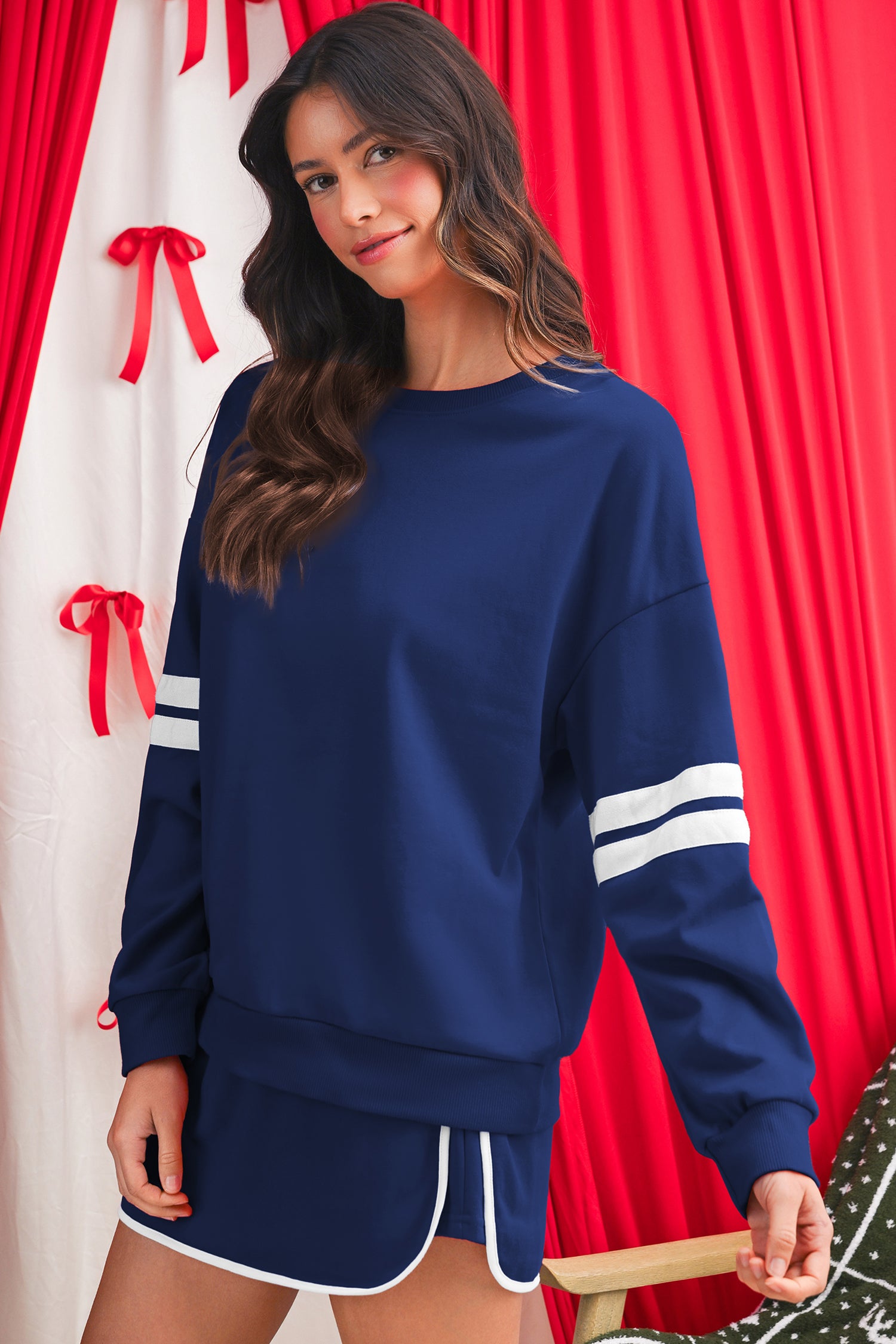 Navy Blue Varsity Stripe Detail Drop Shoulder Pullover Mini Skort Set