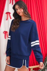 Navy Blue Varsity Stripe Detail Drop Shoulder Pullover Mini Skort Set