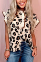 Khaki Leopard Printed Ruffle Sleeve Summer Blouse
